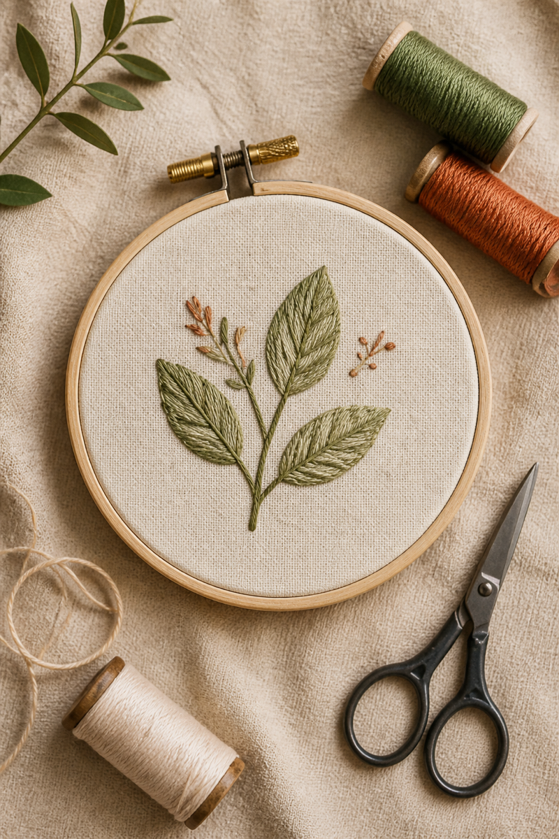 Botanical embroidery project with thread, scissors, and linen