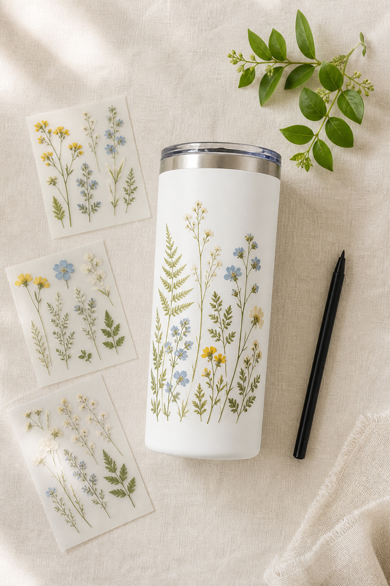 Floral transfer craft arranged beside a decorated tumbler