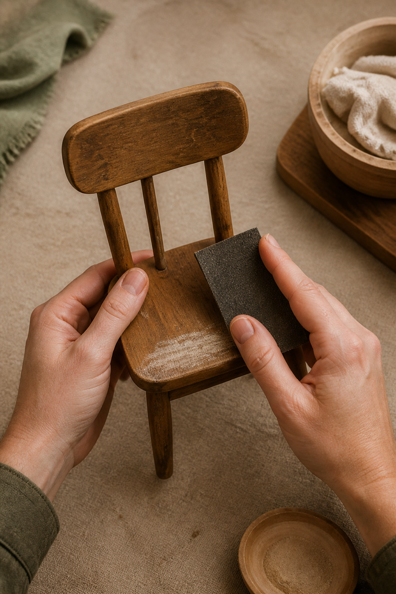 Hands carefully restoring a small wooden chair